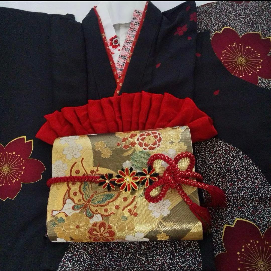 黒赤桜正絹振袖フルセット等 袋帯 帯締め 帯揚げ 半襟 重ね襟 成人式卒業式等