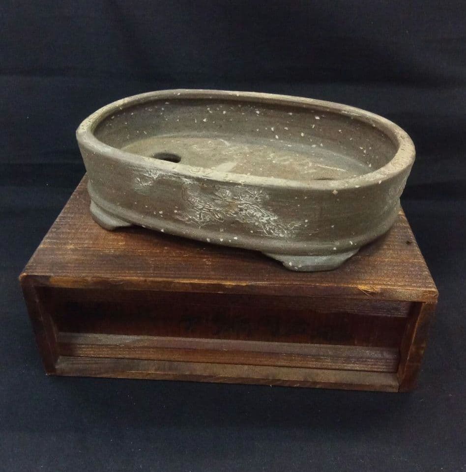 008.【烏泥】山水/楕円盆栽鉢/木箱付き