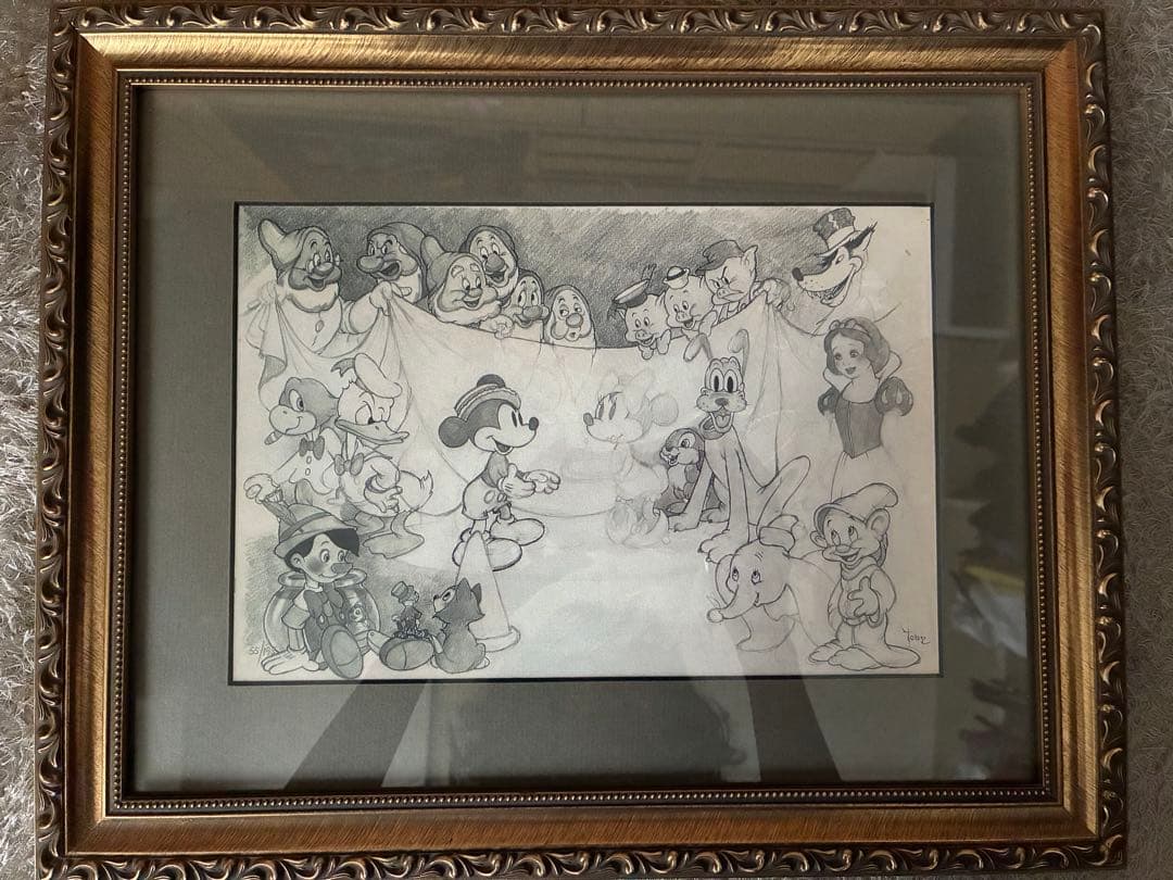 ディズニー　Toby作　　オールキャスト（白雪姫まで）下絵（えんぴつ書）額装