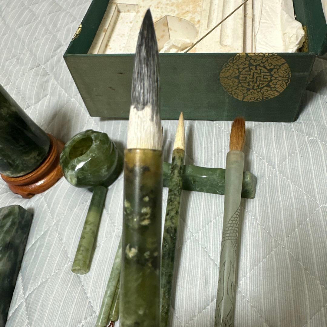 中国美術 和田碧玉 青玉筆 筆入れ 筆筒 書道具セット時代物　原箱付きまとめ