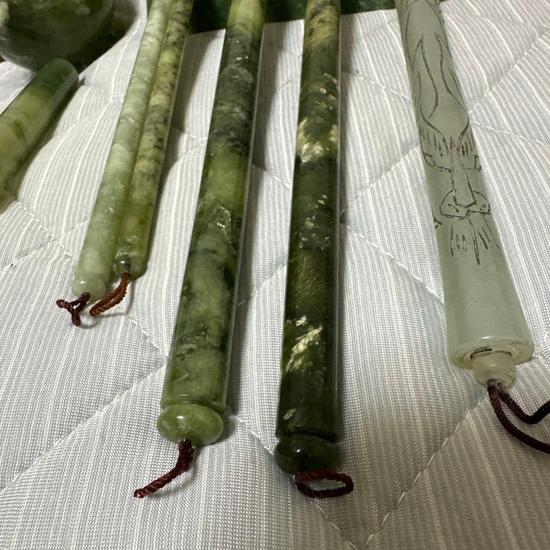 中国美術 和田碧玉 青玉筆 筆入れ 筆筒 書道具セット時代物　原箱付きまとめ