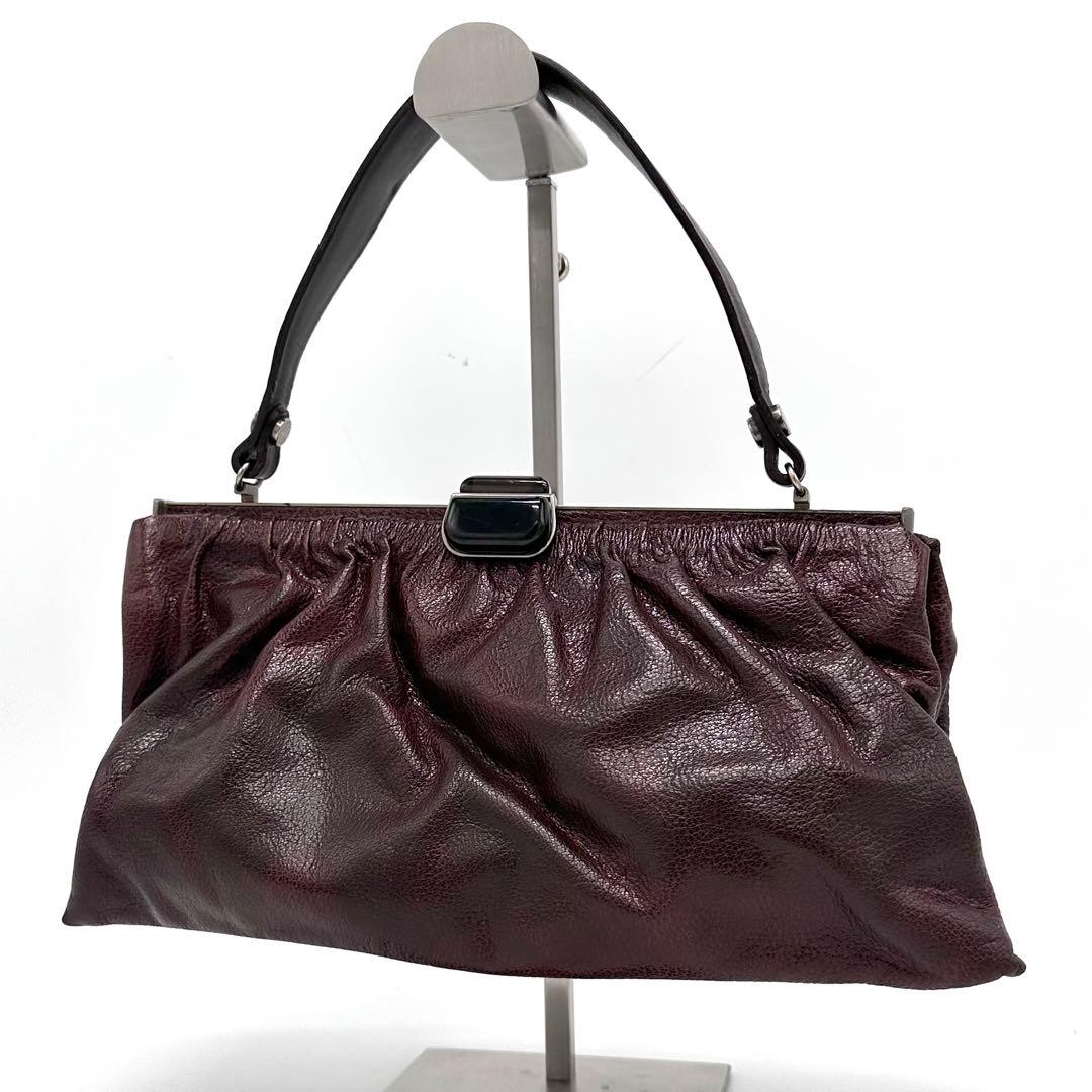 MARNI がま口 ハンドバッグ シボ革 ダークブラウン×ブラック 上品 モダン