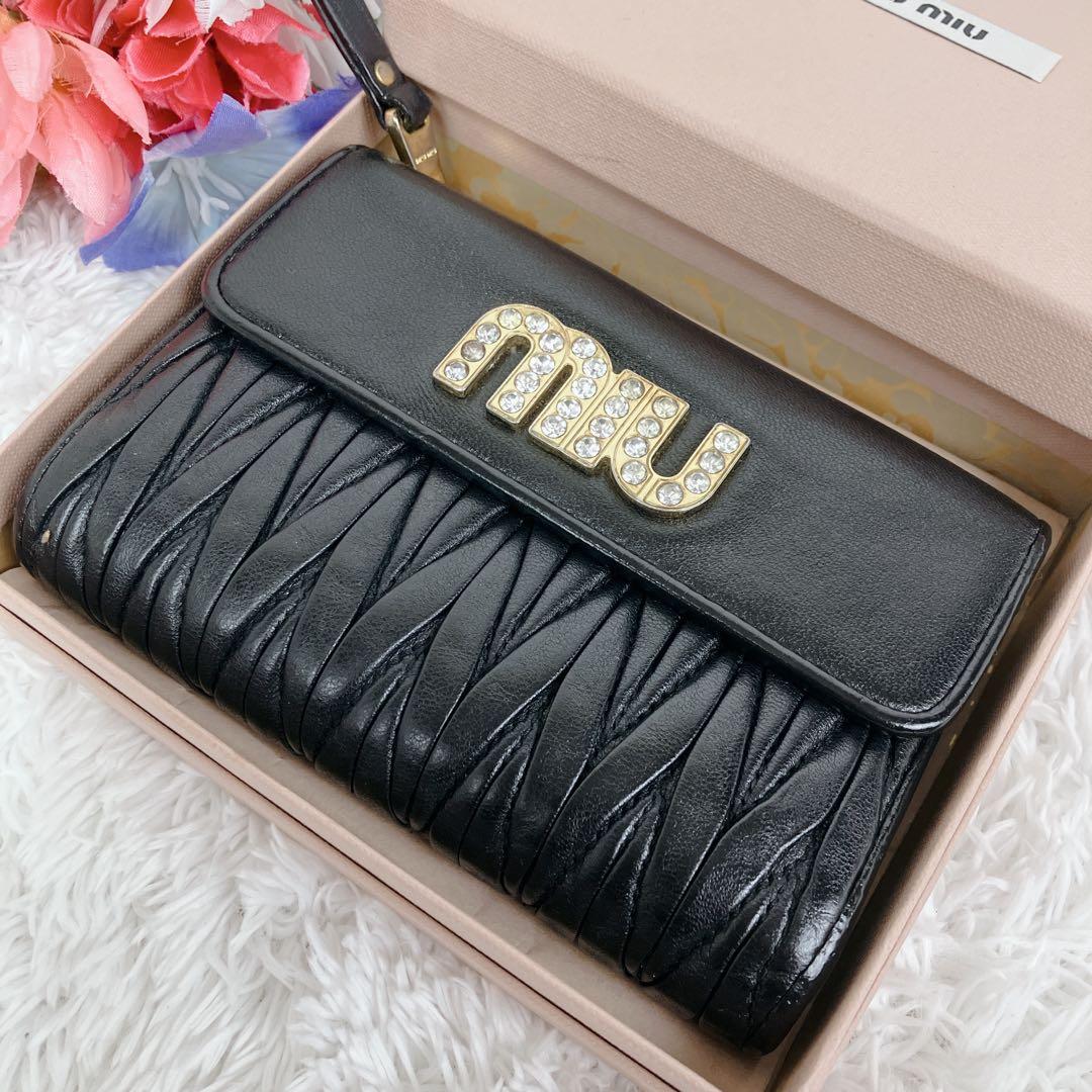 めーめー　ミュウミュウ　折り財布5ML002 マテラッセ 黒　ビジュー