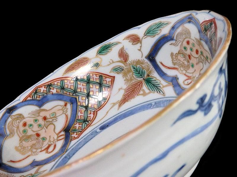 古伊万里　染錦　獅子に七宝紋の図　膾皿　２客　D797AS-fbqy