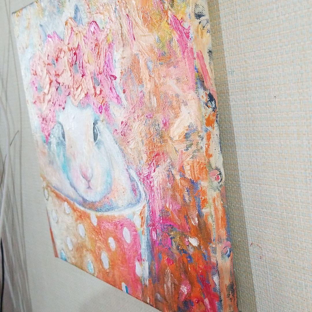 油絵　専用　素焼きのポットに入った花冠のうさぎ