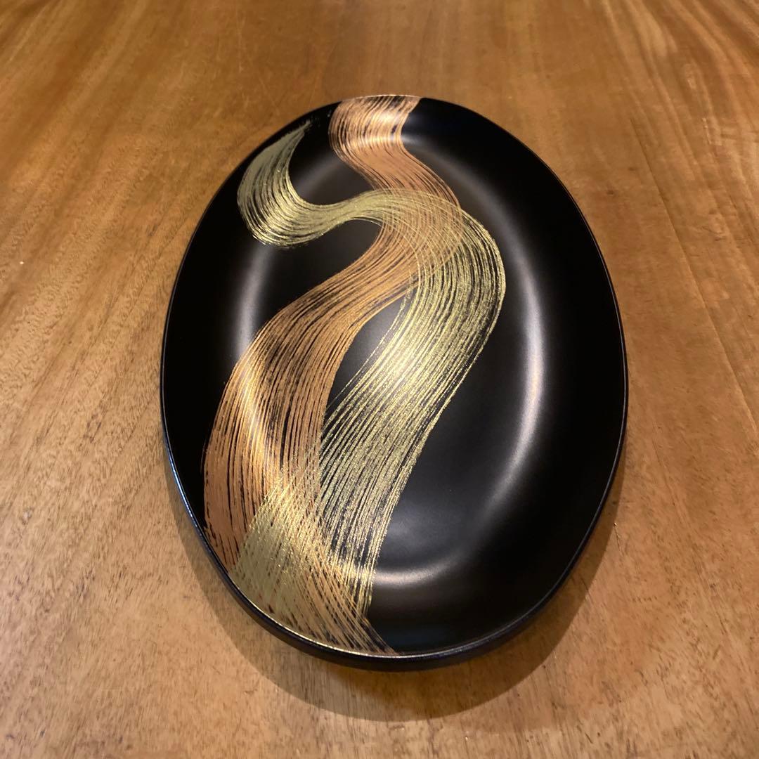 宮内庁御用達 山田平安堂 オーバルプレート 龍水 漆器 金蒔絵
