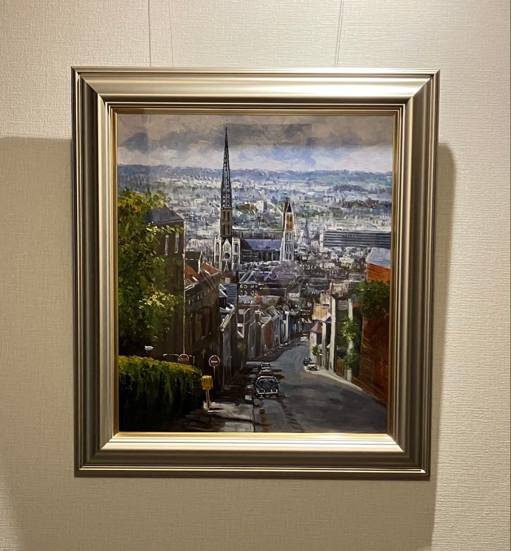 風景画 油彩画 ルーアンの坂道 藤原英信 肉筆 10号 F10 真作 直筆サイン
