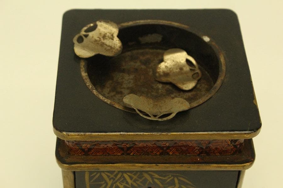 螺鈿蓋物 窓網代 花鳥蒔絵 四方 煙草具 二件(A742)