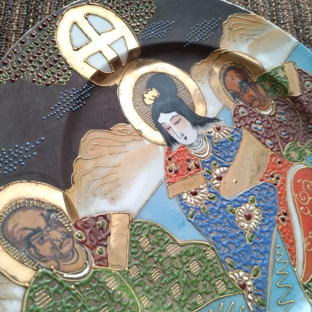 オールドニッポン　薩摩焼　薩摩十字　金襴手　観音羅漢図　８寸皿