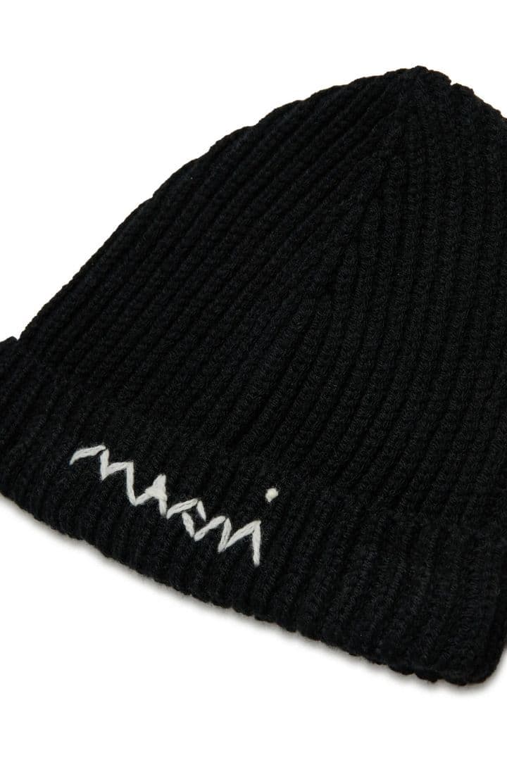 大人もOK! Marni マルニ .刺繍ロゴ リブ ニット帽 ニットキャップ