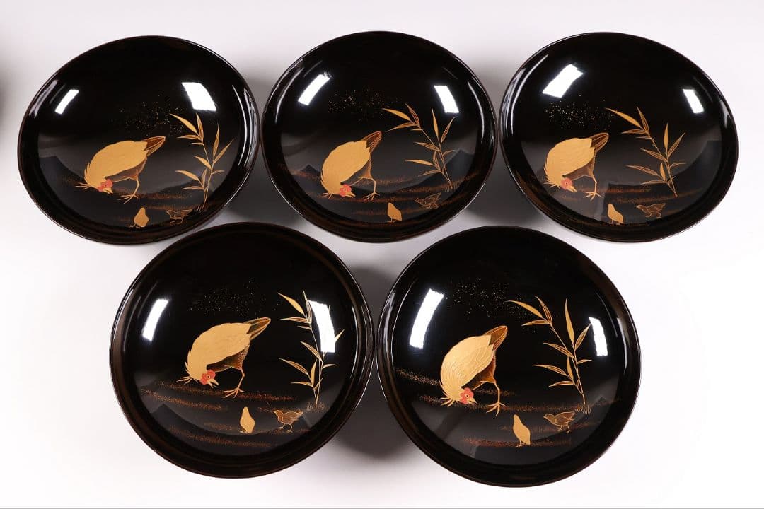 【CM354】時代蒔絵椀 竹に鶏金蒔絵 平椀五客 木製 /(検) 輪島塗加賀能登