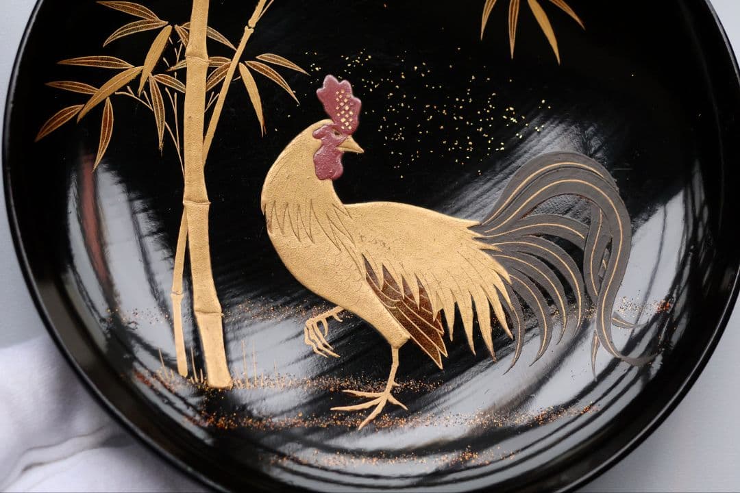 【CM354】時代蒔絵椀 竹に鶏金蒔絵 平椀五客 木製 /(検) 輪島塗加賀能登