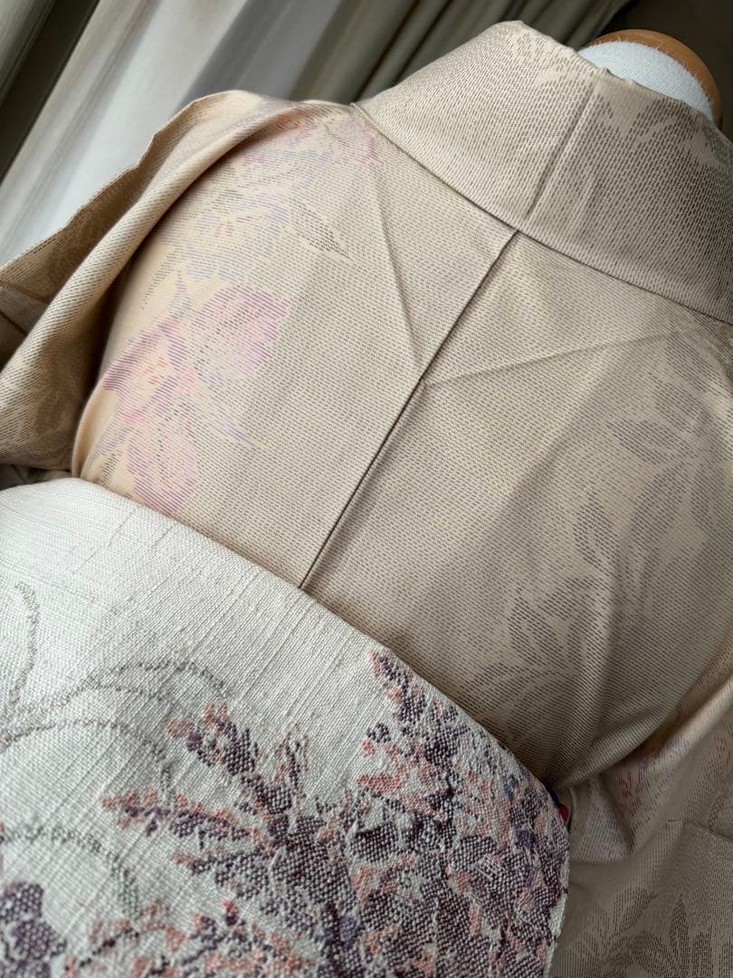 memeko 正絹 白大島紬小紋 ベージュ×グレー×パープル 横双 単品