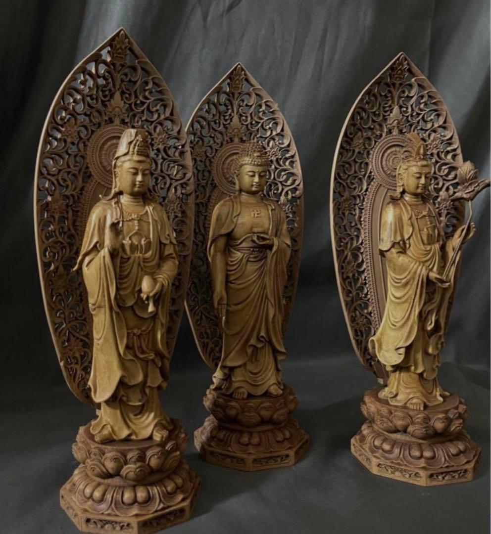 n*i様 総柘植材　仏教工芸品　時代彫刻　一刀彫　極上彫　木彫仏像　阿弥陀如来三