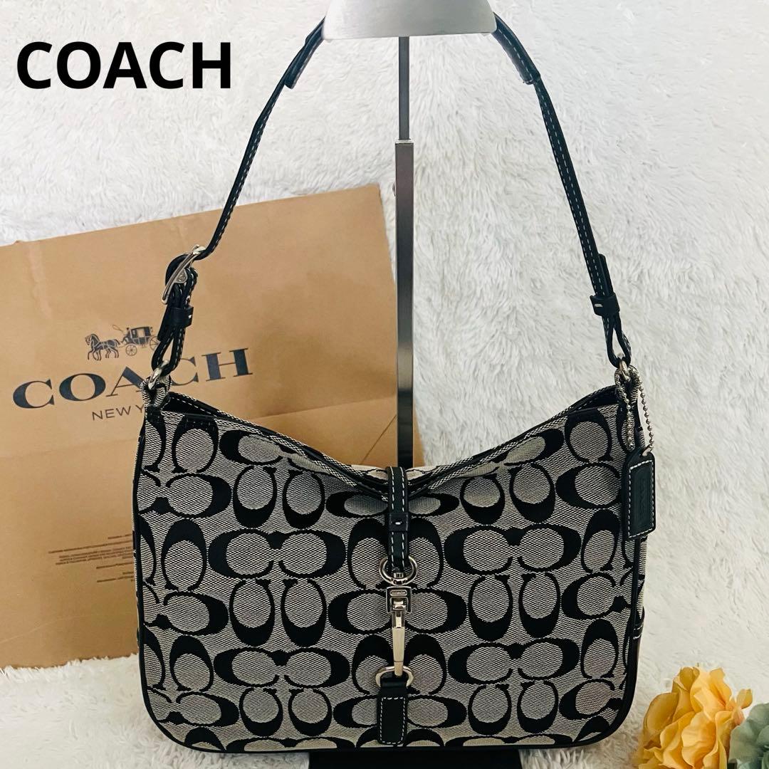 COACH シグネチャー ワンショルダー ブラック×グレー キャンバス レザー