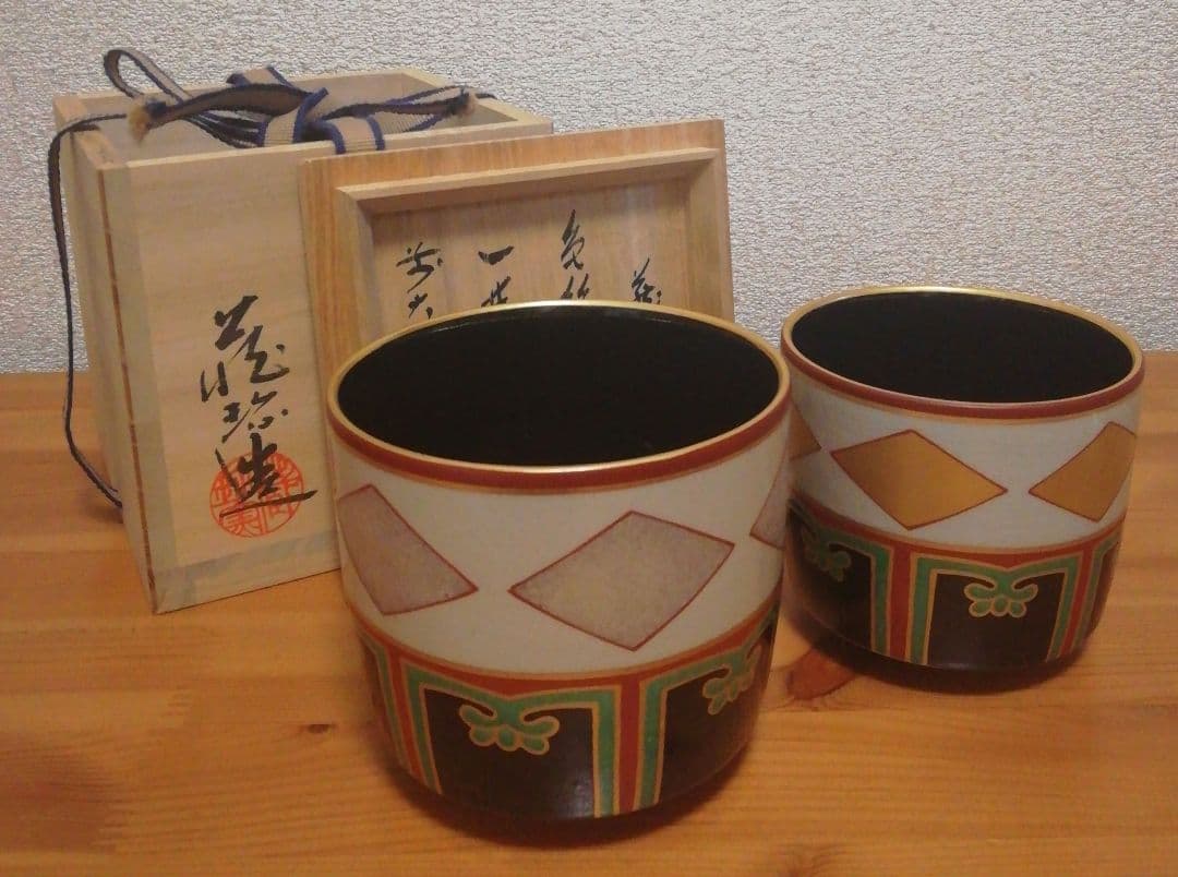 大徳寺書付　作家物　仁清写　色絵　金銀菱　茶碗　共箱　一双　茶道具