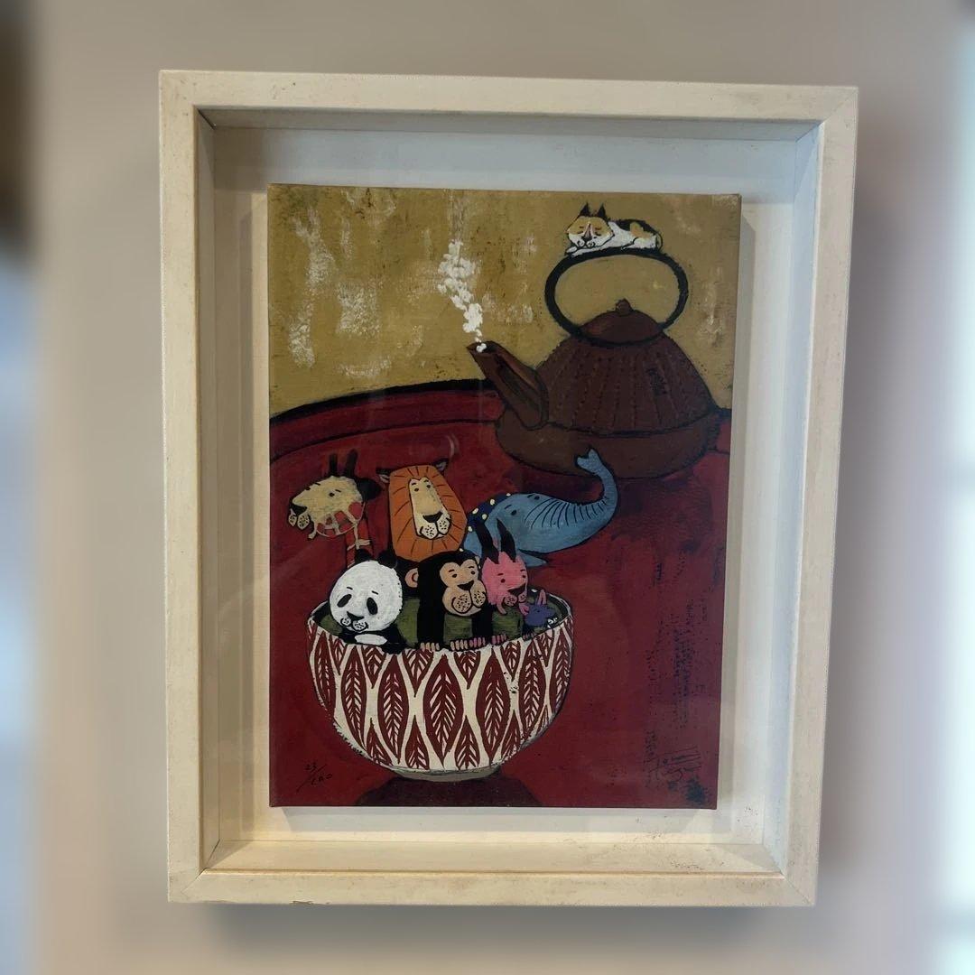 【貴重】絵本作家　谷口智則　版画「緑茶と鉄瓶」