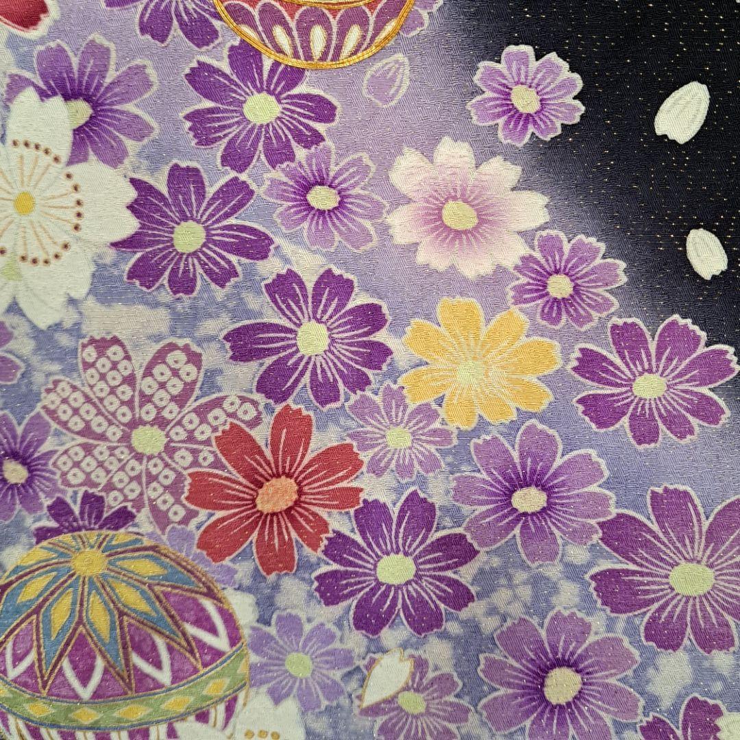 新品同様に近い フルセット 正絹振袖 黒地ラメ入りに紫桜柄 成人式 卒業式に最適