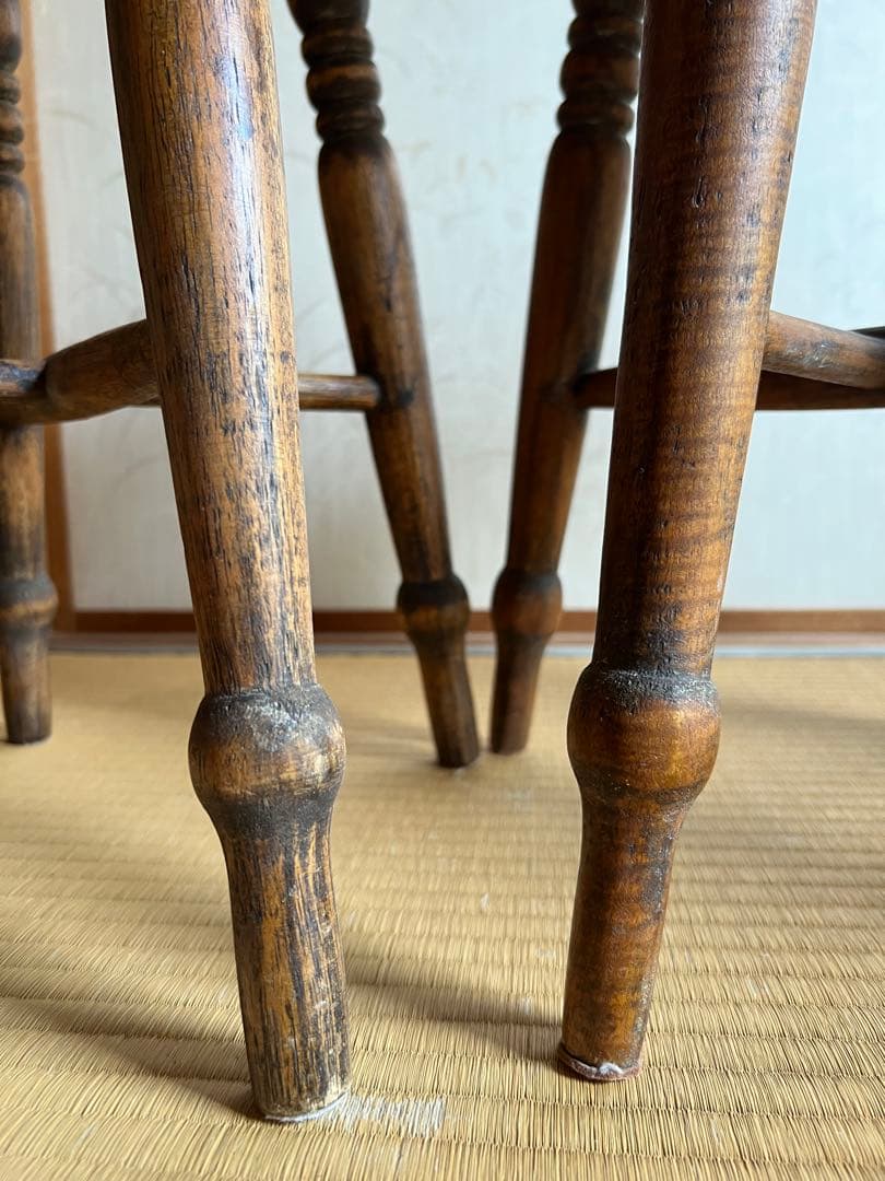 old maison アンティークチェア　スツール　丸椅子　木製＋布貼り　3脚
