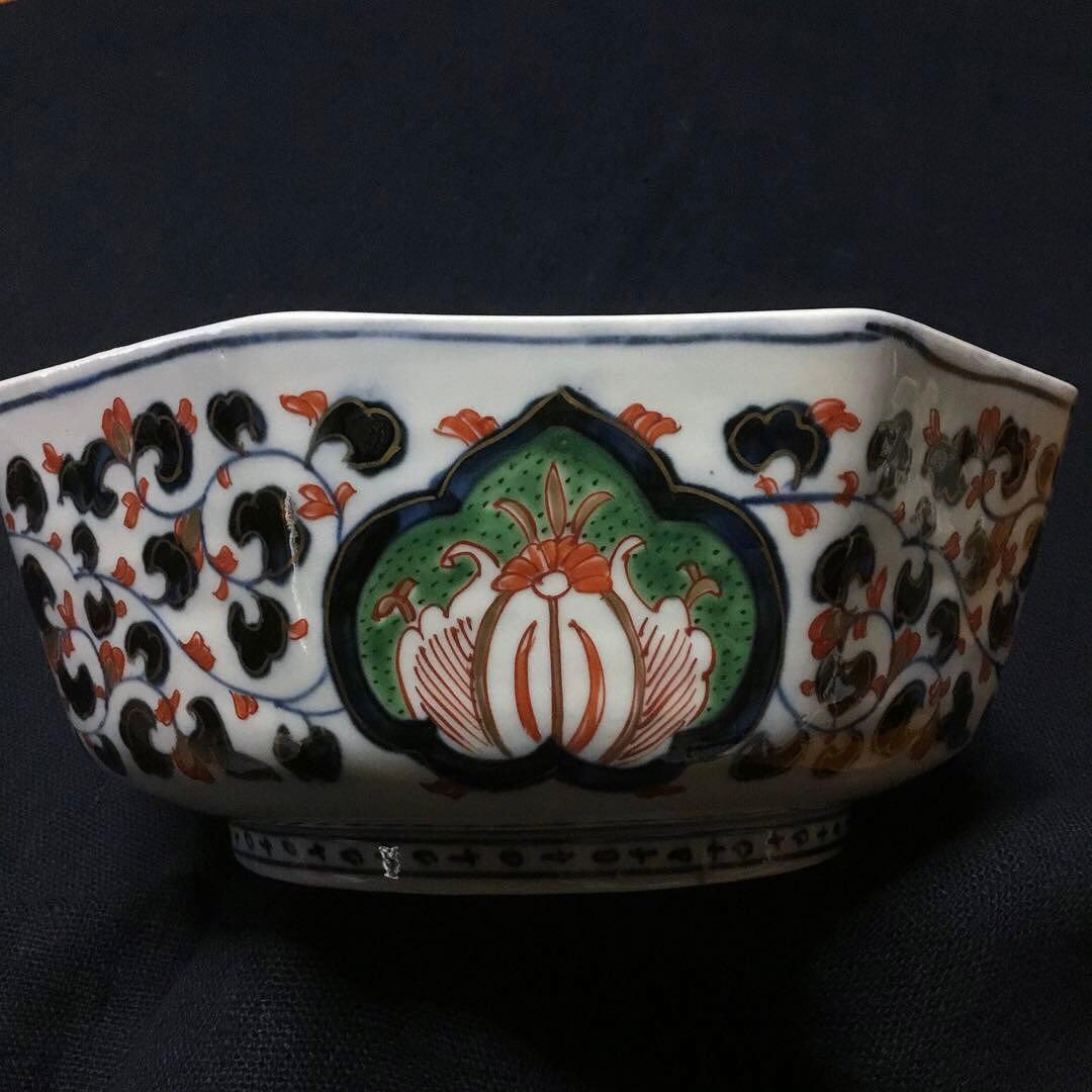 伊万里焼 色絵 草花紋様 八角 七寸深鉢 /骨董/時代物