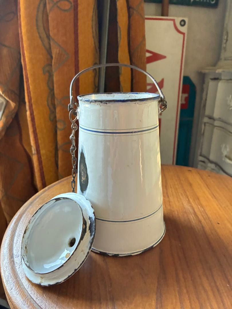 フランス　アンティーク ホーロー ミルク　ポット　キャリー 缶ホワイト　シャビー