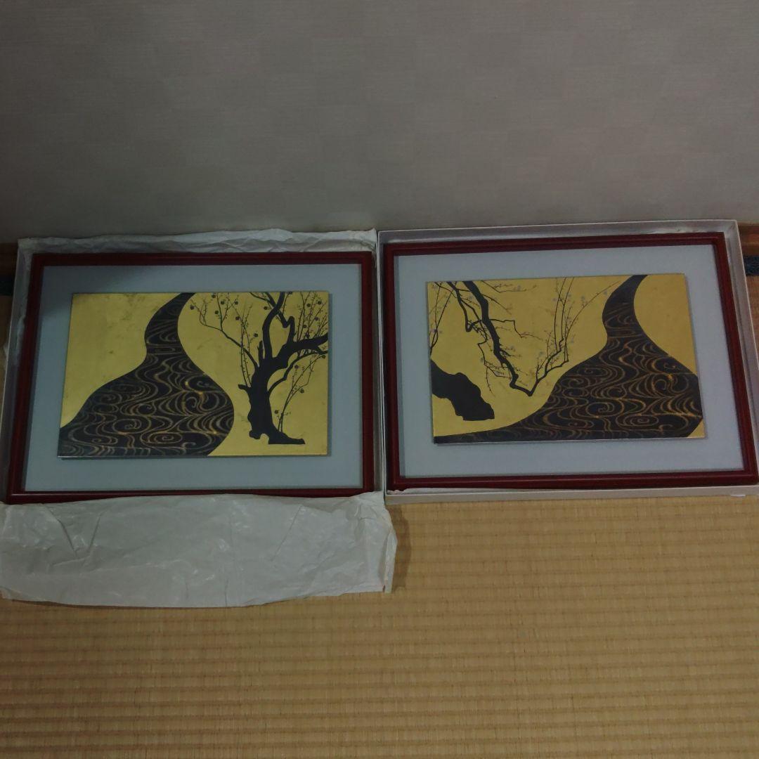漆アート　金箔　白梅　紅梅