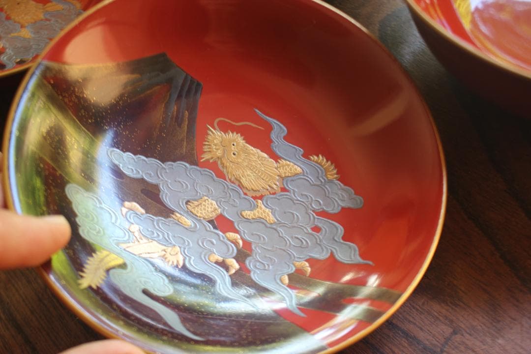 デッドストック！上質金縁朱漆に極上宝珠龍蒔絵の映えるお椀2点（検輪島塗京塗懐石椀