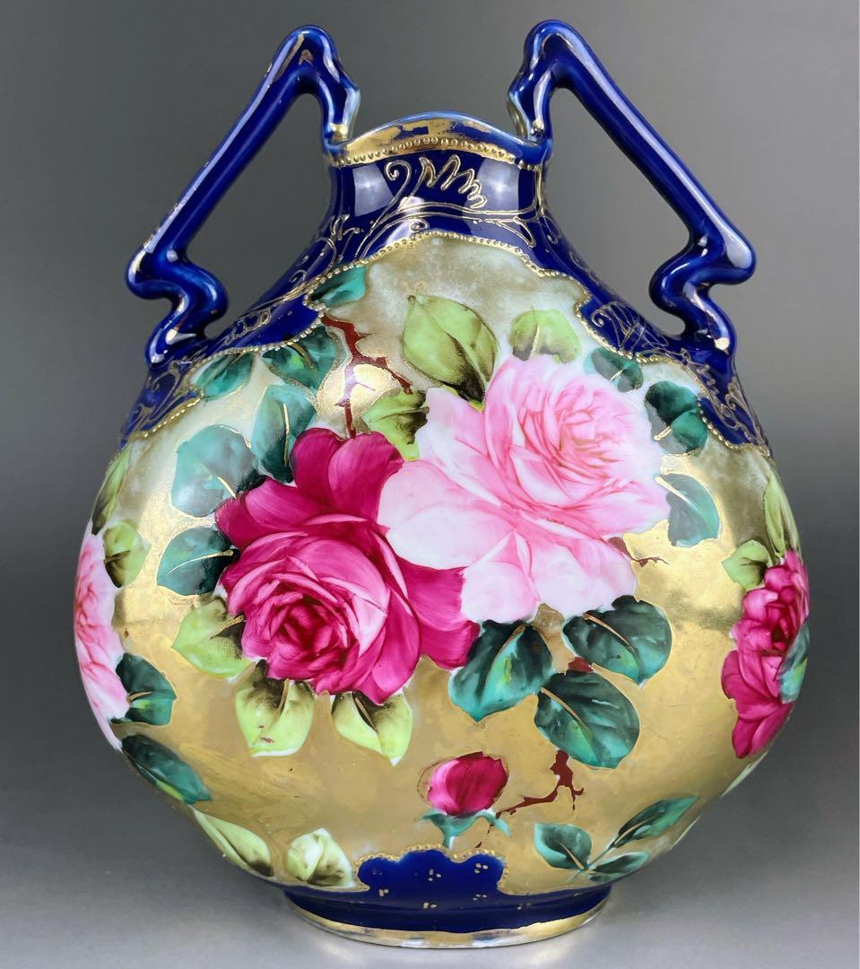 【美品】オールドノリタケ コバルト地 金盛り 薔薇紋 花瓶 メープルリーフ