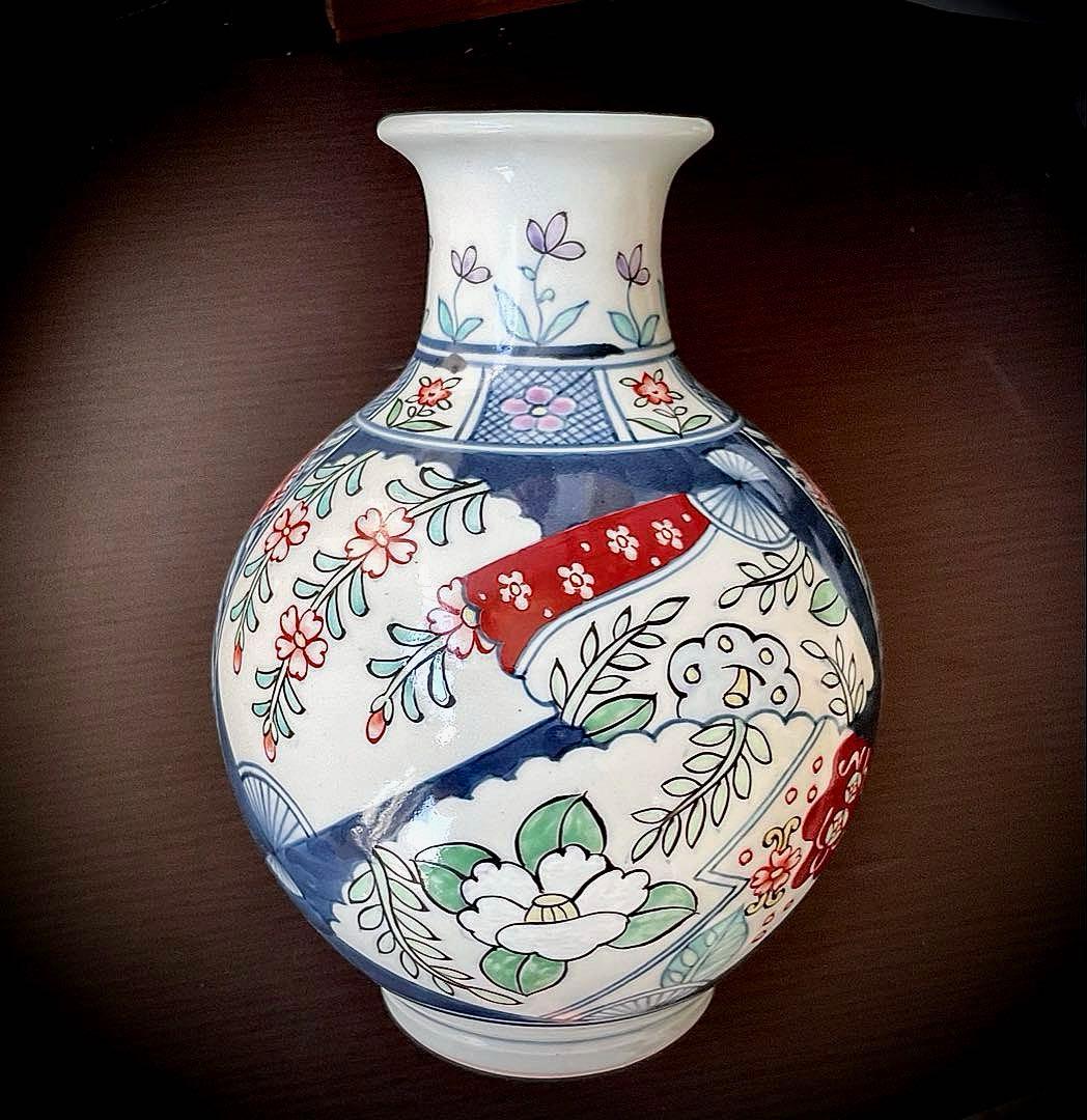№８７６　佐藤走波（六代）　花瓶or つぼ　染錦　扇絵辻が花文【特特選•一点物】