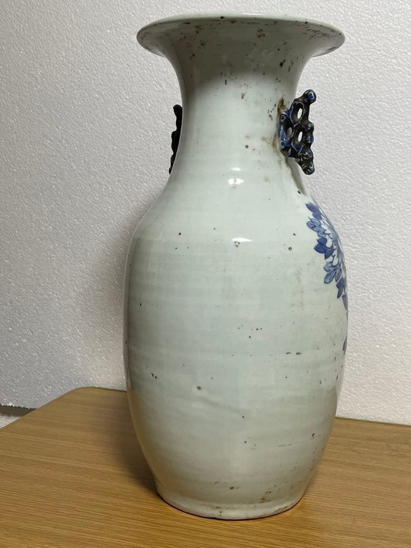 中国古玩　染付 双耳 大花瓶 高約43.2cm 清朝 時代物 中国美術 花瓶