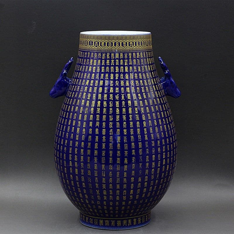 霽藍蒔金万寿鹿頭樽 景徳鎮 陶磁器 装飾品 現代工芸品 美術品 置物