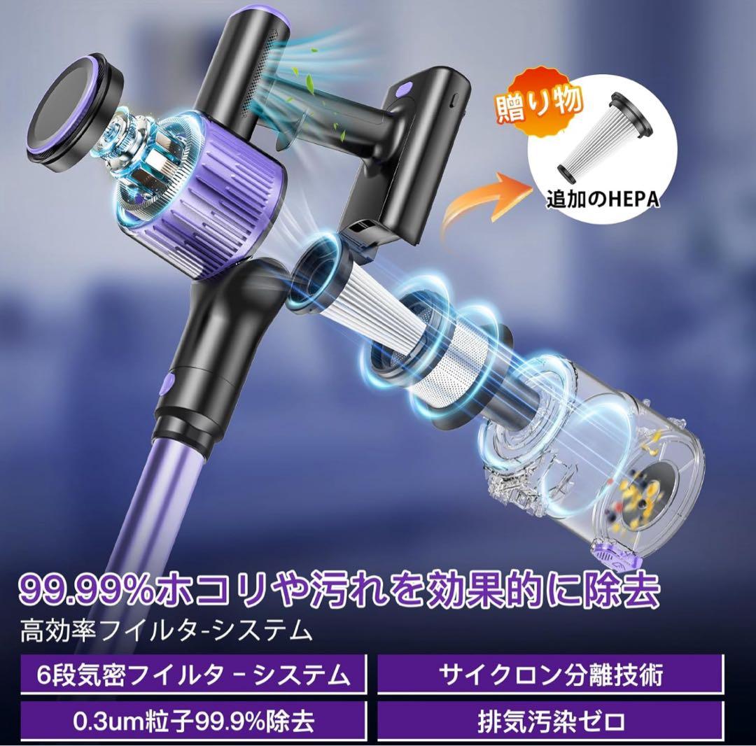 掃除機 コードレス 70Kpa超強力吸引 自立式 グリーンLEDライト軽量PSE