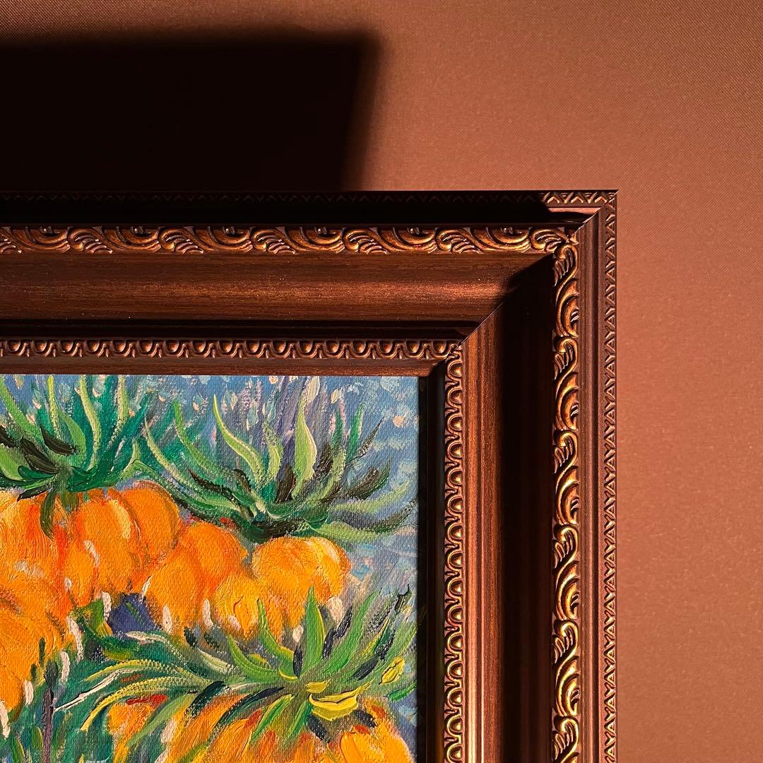 ★秀作★ 手書き油絵 ゴッホ 銅の花瓶のアミガサユリ 額付 肉筆絵画 油彩画