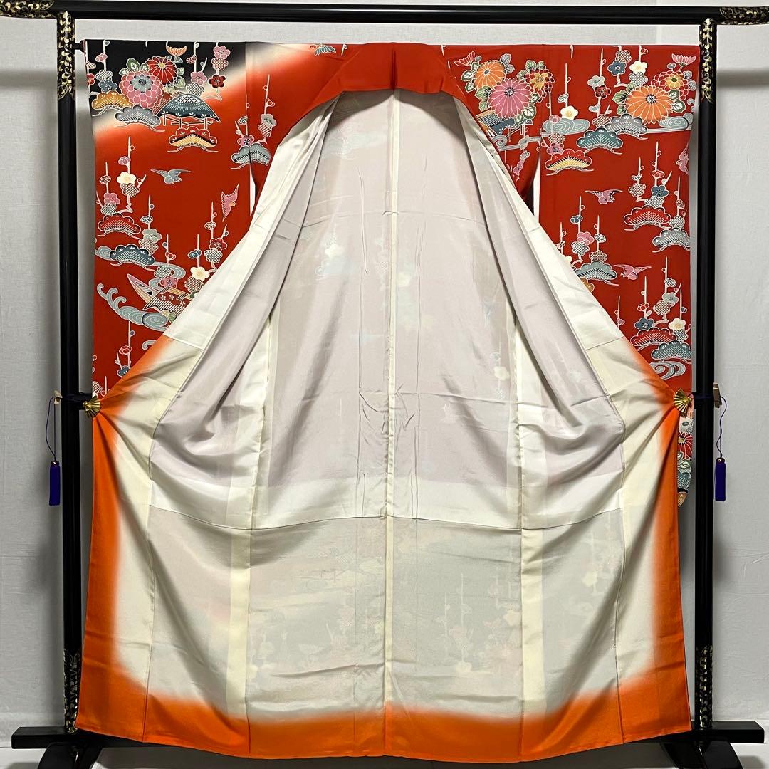 D796 振袖　紅型　正絹　着物　袷　極美品