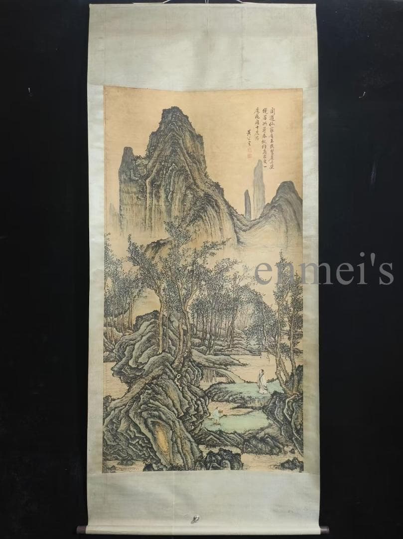 中国古美術 元代 黄公望作款 富春山居図 水墨画 宣紙 六尺山水中堂掛軸 肉筆