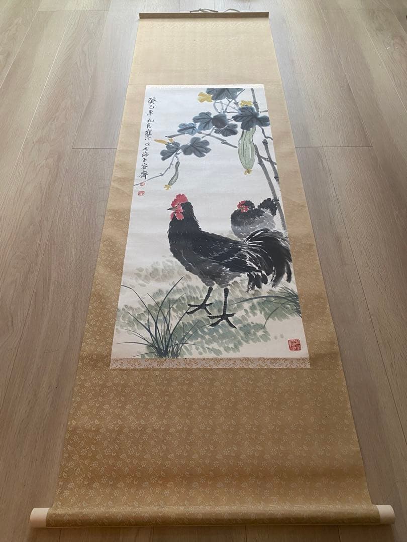 江寒汀 中国画　骨董品　鶏の図　掛軸　美術品　紙本　肉筆　茶掛