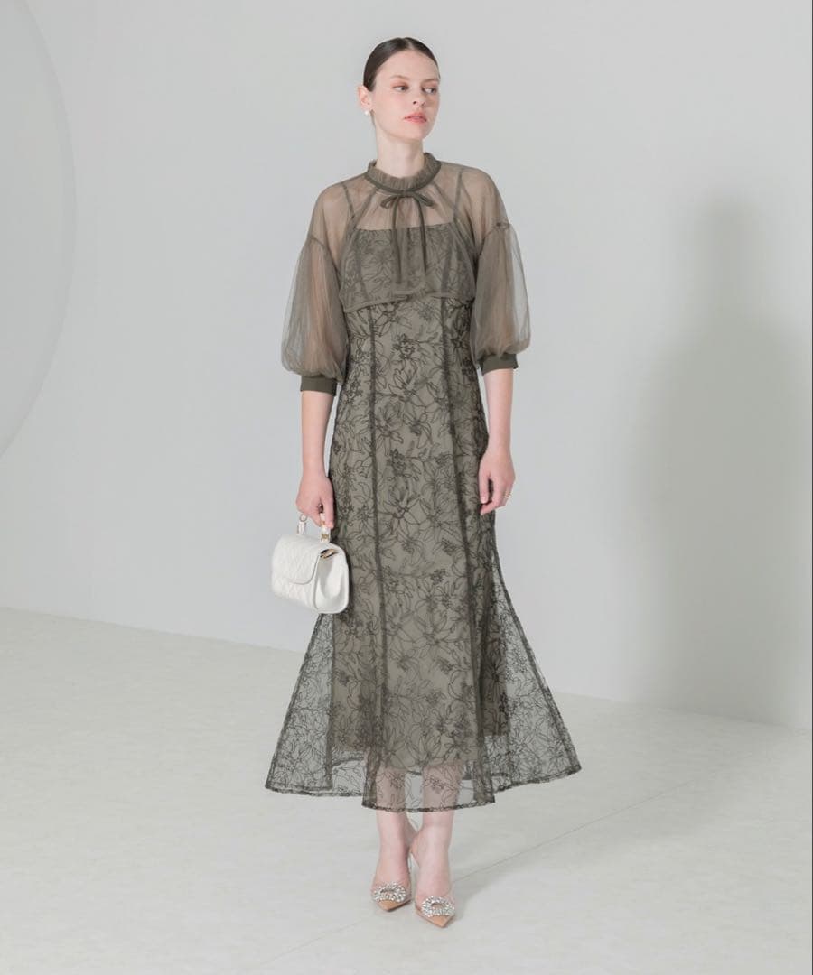 パフスリーブシアーボレロ刺繍マーメイドシルエットキャミワンピースセットアップ