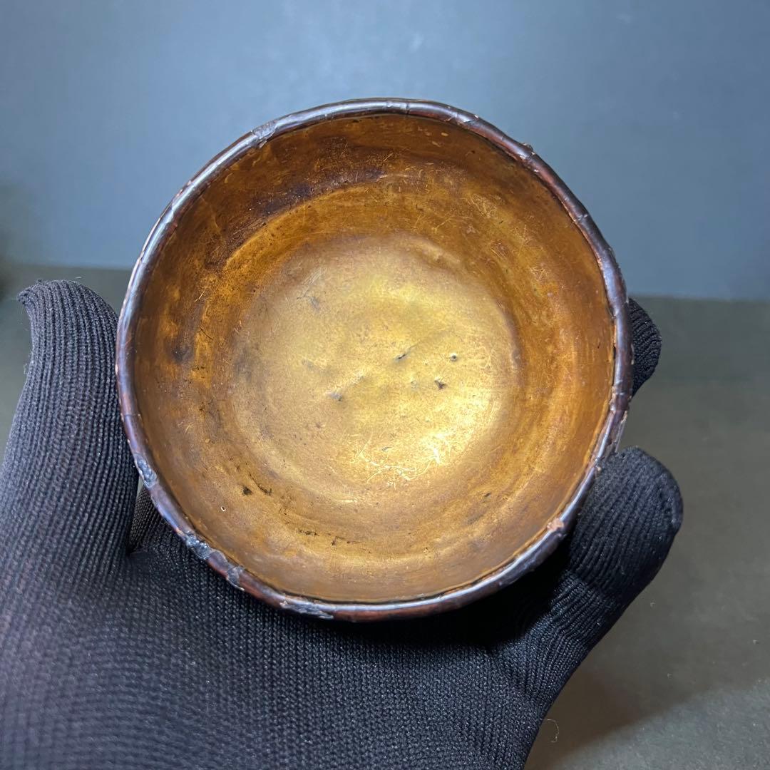 江戸期 木製 金蒔絵 笹丸紋 道中盃◎提げ環付 刳貫き 時代漆器◎古美術庵々