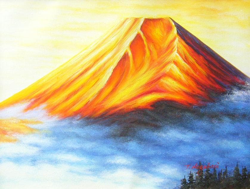 絵画 油絵 作者不詳 肉筆油絵 風景画 赤富士