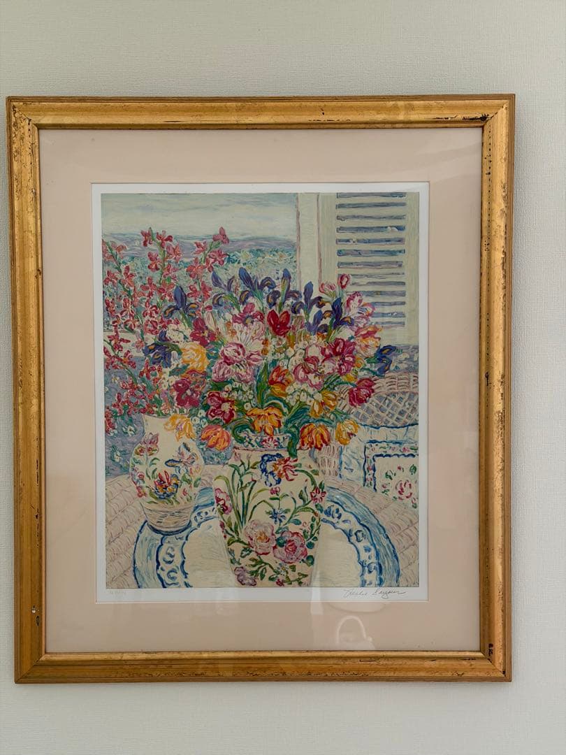 Leslie Sayour サイン入り 花の静物 版画 限定XLVII/C 額装