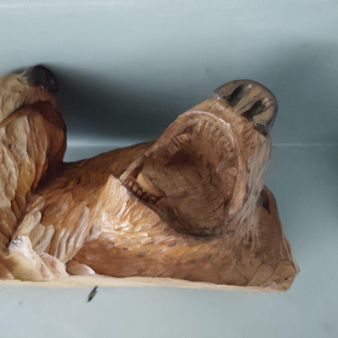 双頭木彫り熊　壁掛け　天然木一刀彫　静と動　貴重　縁起物