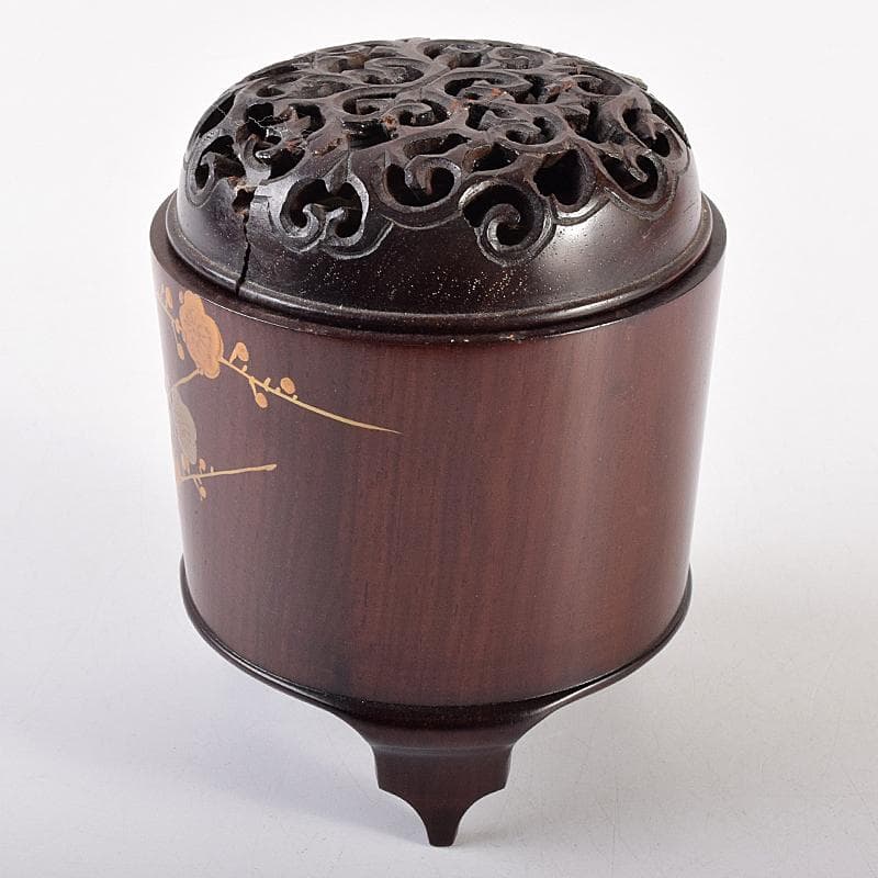 茶道具　荒木省山造　紫檀製　梅蒔絵　総彫蓋香炉　共箱　M　R7844