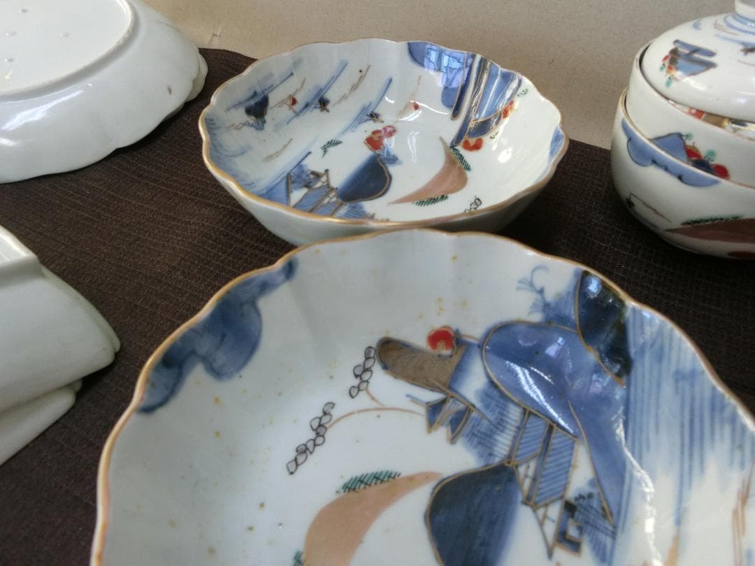 処分価15（木）22時まで【伊万里色絵4種類　角皿　なます皿　丸皿　茶碗　骨董】