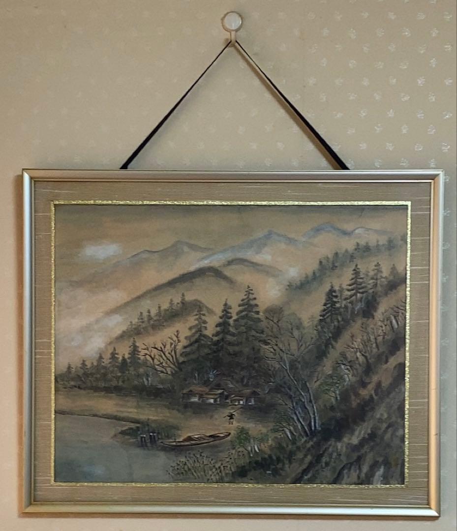 水墨画 山と川の風景 フレームつき