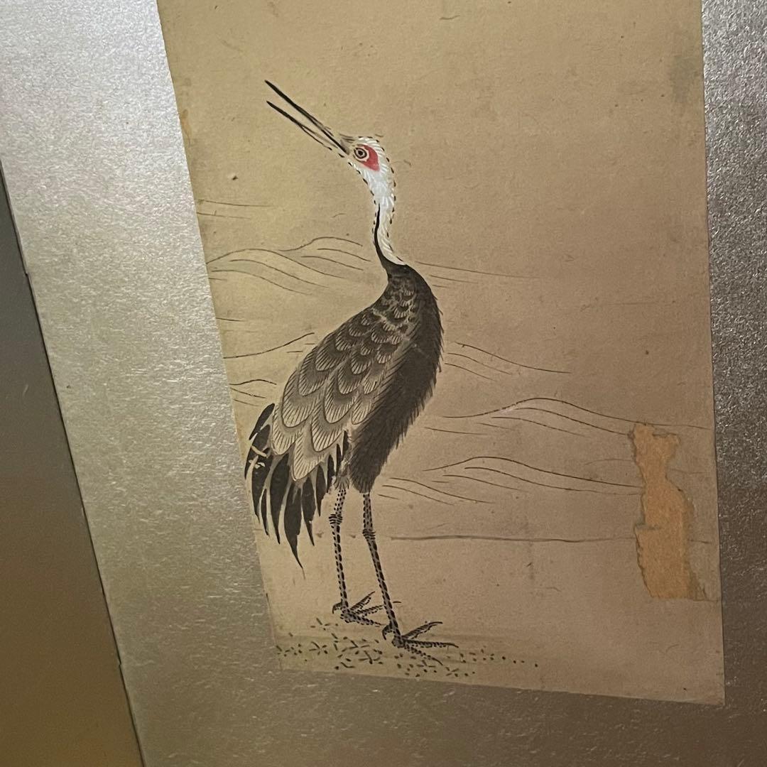 小型屏風/鶴と松/手描き屏風/6曲1双