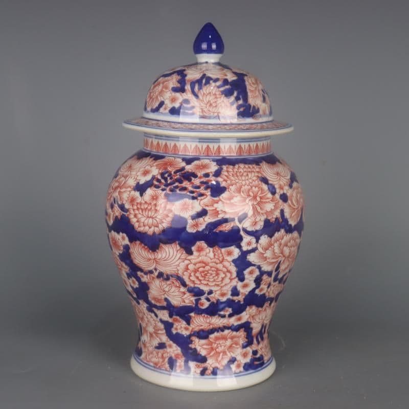 青釉裏紅万紋将軍壺 景徳鎮 陶磁器 装飾品 現代工芸品 美術品 置物