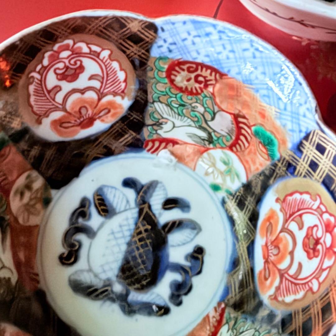 超限定価格‼️伊万里錦手向付おひたしにはこれ‼️桃手に鶴と竹六弁花在銘向付5客