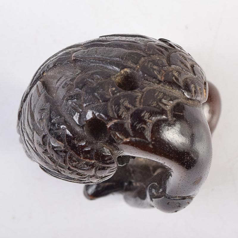 時代提げ物　唐木紫檀彫刻　鶴魚　置物　根付　C　R9308