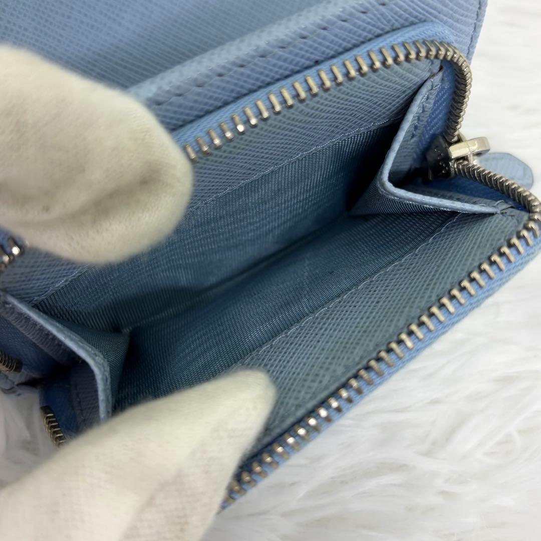 RFID搭載/美品✨プラダ 三つ折り財布 サフィアーノ 三角ロゴ レザー 水色