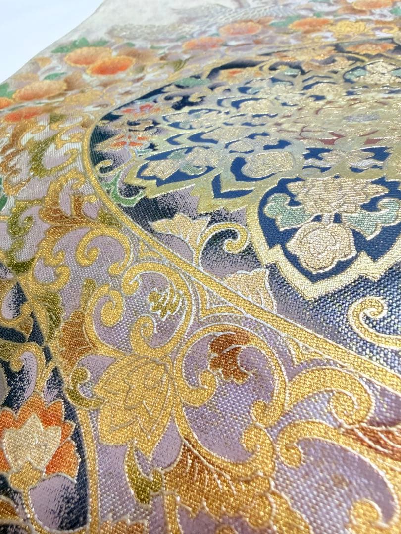 高級 袋帯 正絹 お太鼓柄 シルバー 金彩加工 花文様 ラメ 訪問着 付け下げ